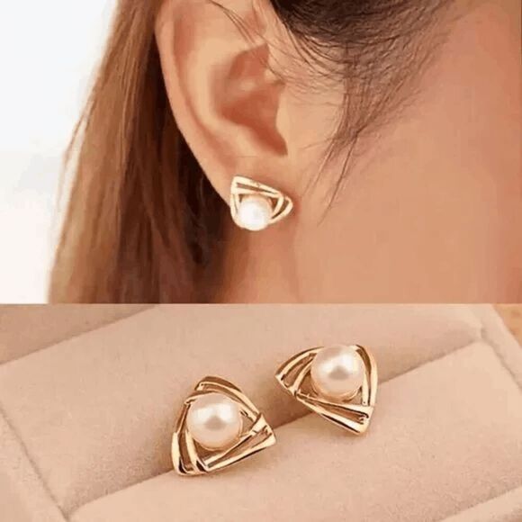 Gold Pearl Geometric Stud Earrings - Picture 2 of 4